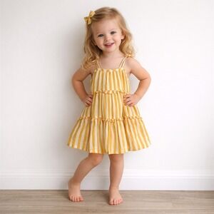 Pink Chicken Tiered Sundress Girls 4Y Yellow White Striped Ruffle Tie Strap